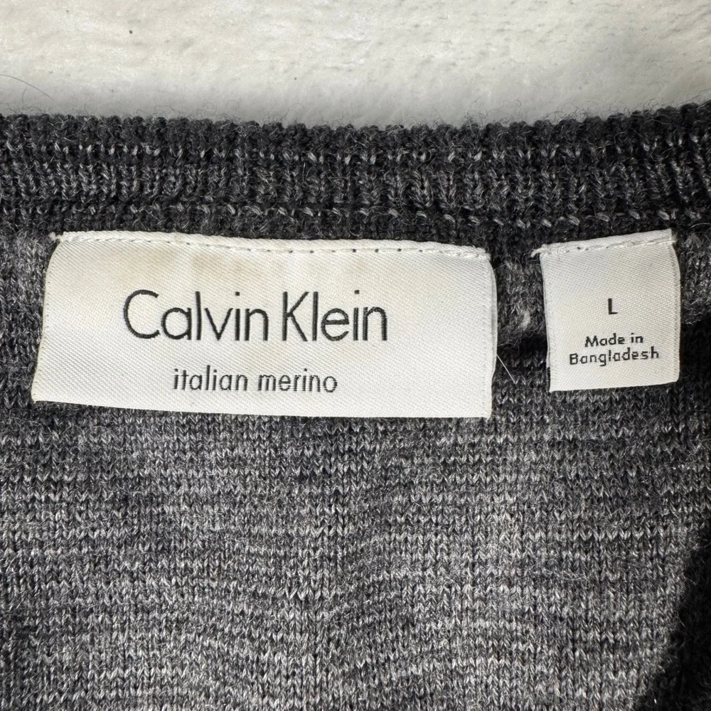 Calvin Klein V-Neck Sweater Mens L Grey Italian Merino Wool Embroidered CK Logo